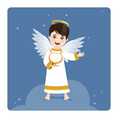 Angel playing the harp on blue sky and stars background. Vector illustration