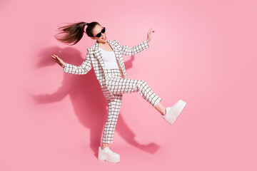 Full body photo of young attractive woman go walk happy positive smile have fun isolated over pastel color background