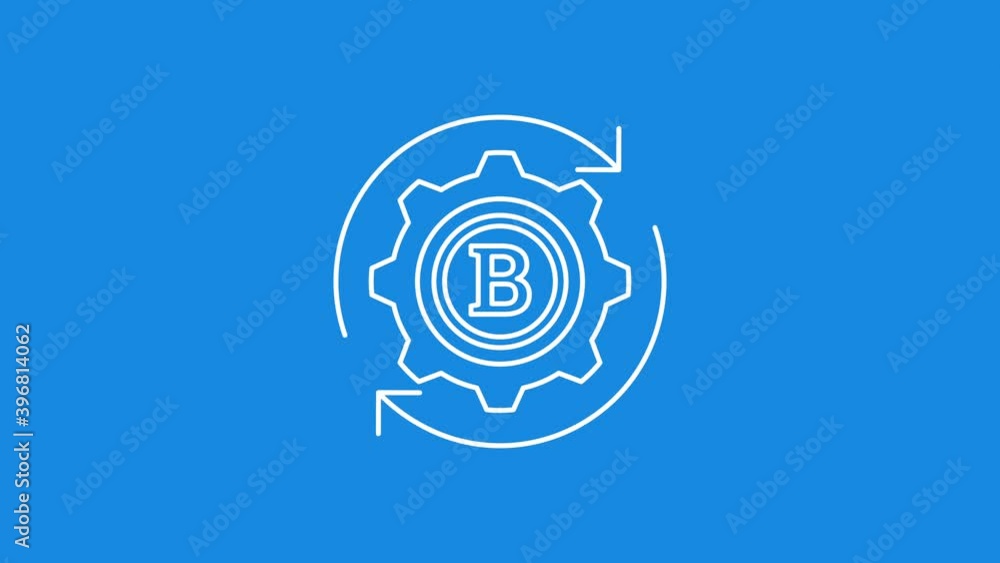 Poster bitcoin mining white icon animation.trim path animation.4k video.blue background.