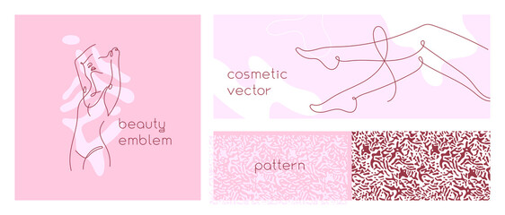 Beauty salon banner in trendy natural hue. Vector emblem design template minimalistic linear style. Abstract animal seamless pattern. Corporate identity set for cosmetic label. Woman body silhouette.