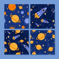 Set of vector seamless pattern with rocket, orange planets and stars on dark blue background. Cards to the Cosmonautics Day. Flat minimalistic pictures for banners and poster design. Space exploration