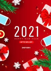 2021 Merry Christmas and Happy New Year vector illustration poster with decor gift box, snow, christmas pine and protective medical mask on gradient background. Flat lay, top view.