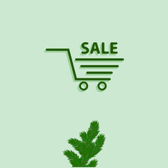 Fototapeta premium Shopping cart, Christmas tree branch - vector. Banner. Winter sale.