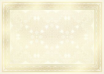 Gold elegant background with golden border (frame), curve pattern with fine line ornament. Premium template for certificate, invite, diploma - obrazy, fototapety, plakaty