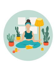 vector hand drawn illustration. the girl is engaged in yoga, sits in the lotus position, surrounded by plants and candles. Illustration for web sites, applications - obrazy, fototapety, plakaty