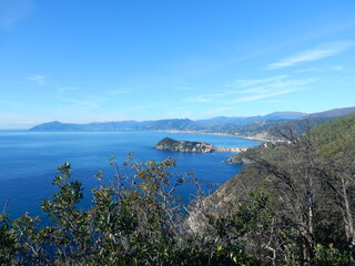 looking to Sestri Levante and the Tigullio gulf from Punta Manara, Genoa province, Liguria, Italy