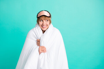 Photo portrait of sleepy girl wearing sleeping mask wrapped in blanket looking copyspace isolated...
