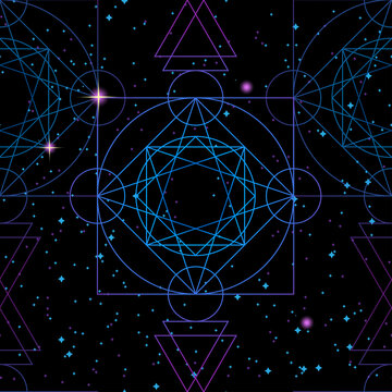 Outline geometric shapes on dark space background. Sacred geometry seamless pattern.