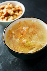 Hot chicken soup. Hearty European lunch