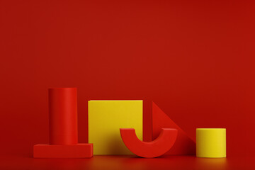 Duotone geometric still life with red and yellow figures on red background and space for text