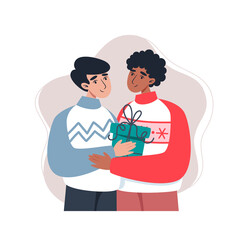 Two men hugging and holding a gift, vector illustration in flat style