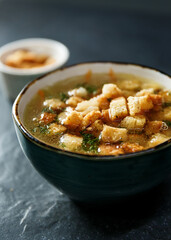 Delicious hot chicken broth with white bread croutons and herbs on a dark background
