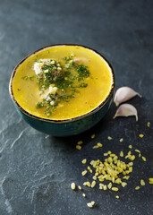 Hot chicken soup. Hearty European lunch