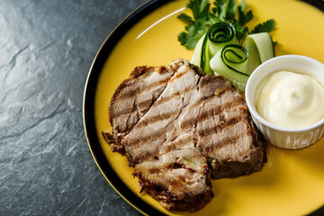 
Grilled steak. Hearty European lunch