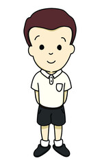Boy with white polo shirt and black short pants