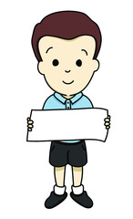 Boy wearing blue polo shirt and short pants holding blank paper.