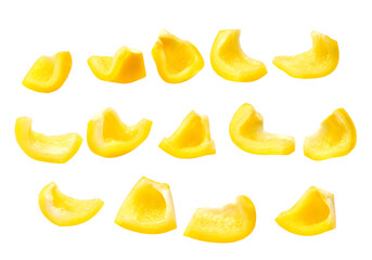 Yellow fresh bell pepper sliced strips isolated on white background.Clipping path.