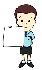 Boy wearing blue polo shirt and short pants holding blank paper.