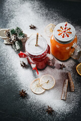 Beautiful Christmas picture with spicy drinks and imitation of snow made from powdered sugar....