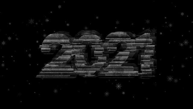 Dark grunge retro glitch 2021 New Year motion background with falling snowflakes. Seamless looping. Video animation Ultra HD 4K 3840x2160