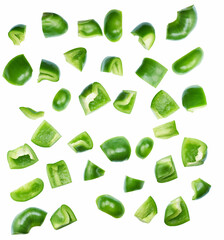 Green fresh bell pepper sliced strips isolated on white background. Top view.