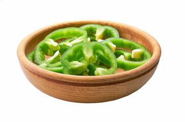 Sliced green bell pepper in a wooden bowl isolated on white background. Clipping path.