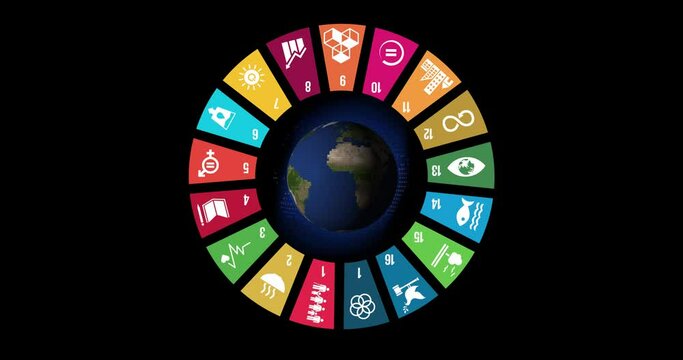 Motion Graphic Animation Sustainable Development concept wheel rotating around the globe Global. Transparent Alpha Clip for Non-Profit organization. 