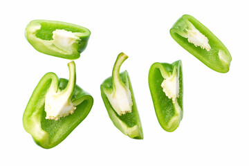 Set of fresh sliced green bell pepper isolated on white background. Top view