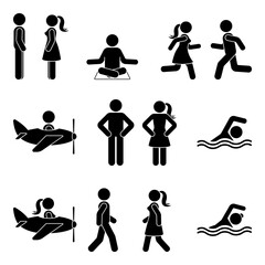 Young active stick figure man and woman couple flying, swimming, standing, walking, running, sitting, meditating vector illustration pictogram icon set on white background
