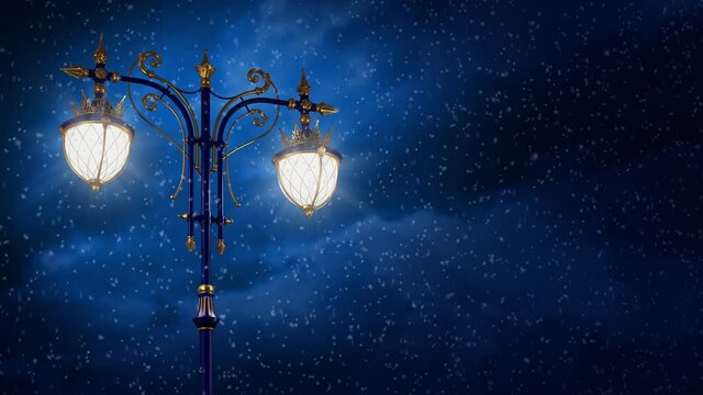 3d render of a street lamp. Night dark blue sky. Snowfall. Luxury outdoor lighting. Gold decor and blue lamppost. Outdoor lighting of the city. Design of parks and squares. Garden lamps. Luxury design