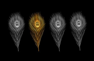 Peacock feathers. Golden bird feather