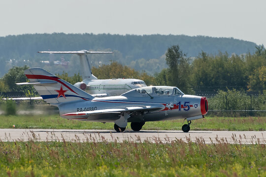 August 30, 2019. Zhukovsky, Russia. Soviet fighter Mikoyan-Gurevich MiG-15 at the International Aviation and Space Salon MAKS 2019.