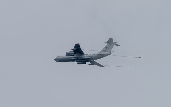 May 9, 2020, Moscow, Russia. Ilyushin Il-78 tanker plane in a cloudy sky.