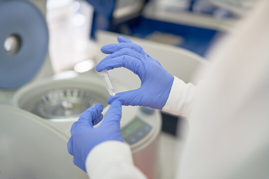 Close up scientist in rubber gloves placing specimen in centrifuge