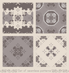 Set of seamless patterns retro, vintage. Chocolate color, cream ivory and grey. Spirals and abstract. Vector.