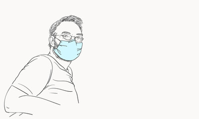 Coronavirus pandemic. Man wearing medical face mask and eyeglasses, sitting in relaxing pose looking straight, Hand drawn portrait, Vector sketch