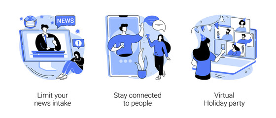 Quarantine lifestyle abstract concept vector illustration set. Limit your news intake, stay connected to people, virtual Holiday party, friends meetup, online communication, anxiety abstract metaphor.