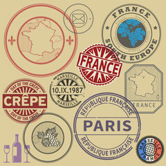Travel stamps set, France theme