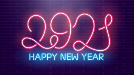 2021 Happy New Year neon lamps on brick wall. Pink neon on blue brick background. New Year holiday lettering. Vector illustration.