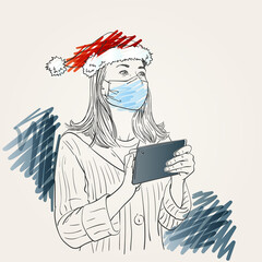 Christmas at Coronavirus illustration. Woman wearing medical face mask and santa hat with tablet touching screen and looking up sideways, Hand drawn vector sketch