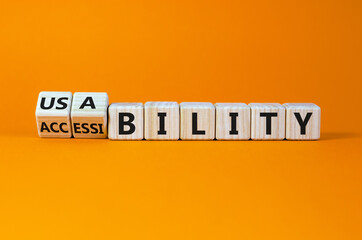 Usability and accessibility symbol. Inverted cube and changed word 'usability' to 'accessibility'. Beautiful orange background. Business and usability and accessibility. Copy space.