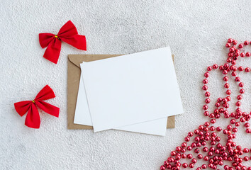 Blank greeting card on white background. Christmas and New Year composition. - 396823481