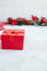 Red gift box on white minimalistic background - 396823489