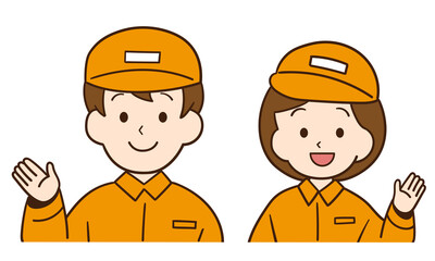 笑顔で迎える作業員