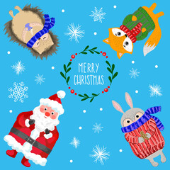 Christmas set with Santa and animals with snowflakes 