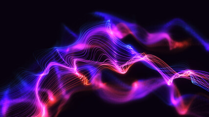 Bright glowing dynamic waves background illustration artwork. Multi-coloured line particles with beautiful bokeh effect. Digital 3d concept art