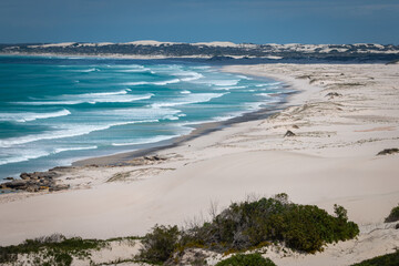 Scenic view of sand dunes and beach at De Hoop nature Reserve, South Africa.