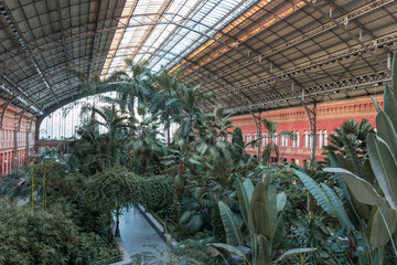 Interior of the Atocha railway station in Madrid, Spain. It is the largest station in Madrid
