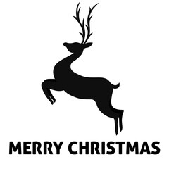 Vector black jumping Reindeer Deer with. Silhouette drawing illustration isolated on white background .Merry Christmas lettering.Gift greeting card.Winter decoration element.Happy New Year