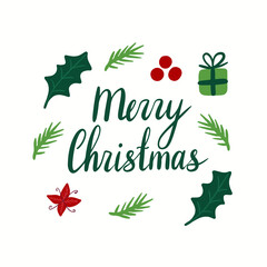 Merry christmas lettering with leaves, present, spruce branch, berries isolated on white background. Happy new year celebration. Green and red cute composition. Use to banner, postcard, invitation. 